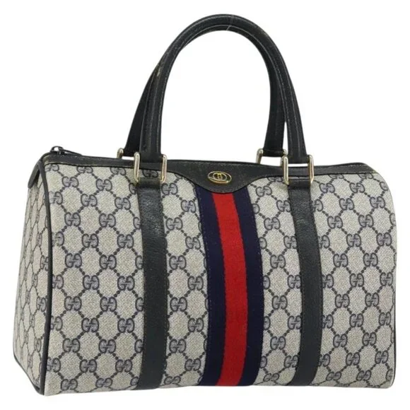 GUCCI GG Supreme Sherry Line Boston Bag PVC Navy Gold Red Auth 150128 - Picture 1 of 16